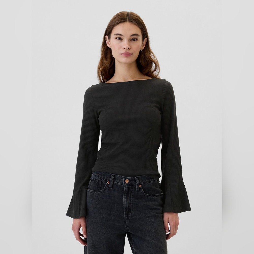 Gap Modern Ribbed Tee Boatneck Long Flare Sleeve Black Size M